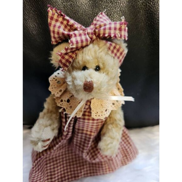 TY Inc. 8" Vintage 1993 Jointed Brown Plush Bear with Gingham dress and matching - Picture 3 of 8
